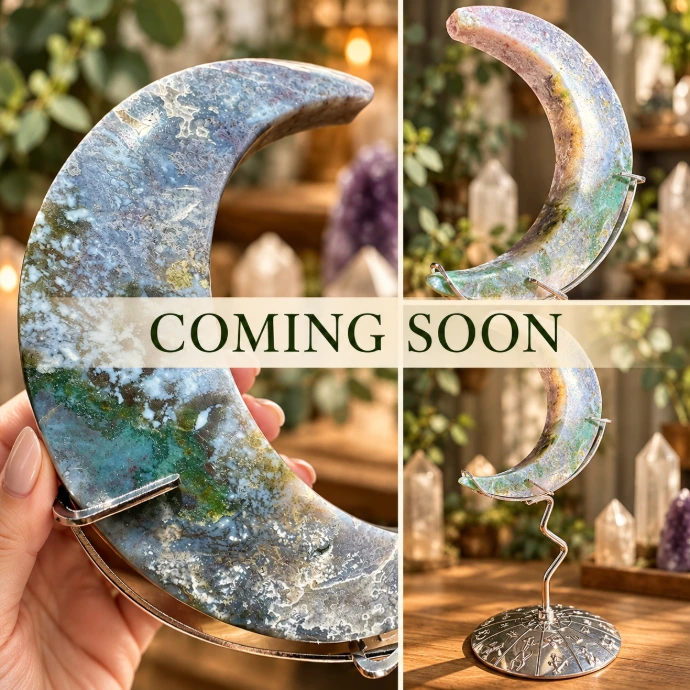 Moss Agate Moon Crystal on Stand