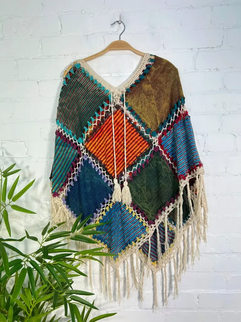 Patch & Crochet Frinnged Poncho