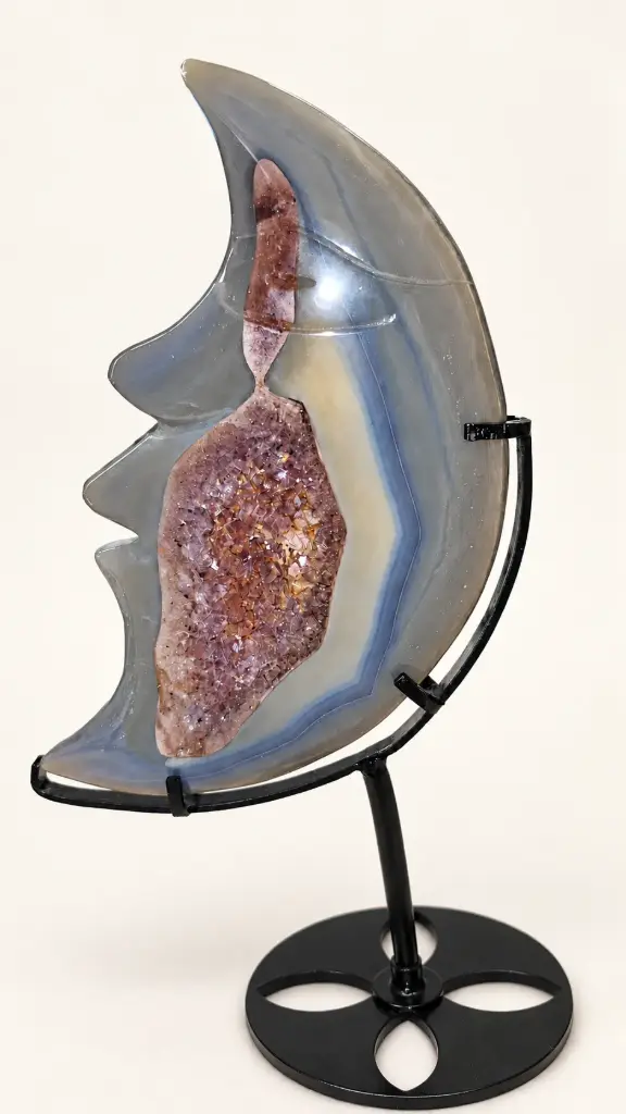 Amethyst Druzy & Banded Agate Moon with Custom Stand