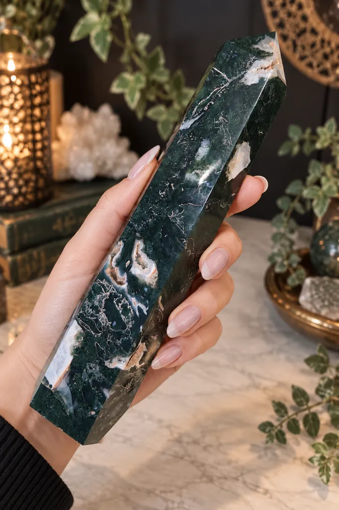 Deep Forest Moss Agate Druzy Statement Tower