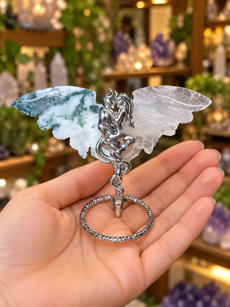Moss Agate & Clear Quartz Angel & Devil Crystal Figure on Stand