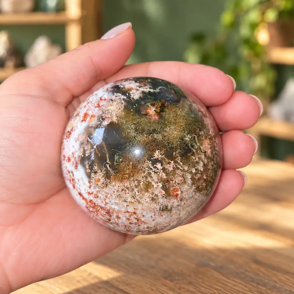 High-Grade Pink Flower Moss Agate Sphere