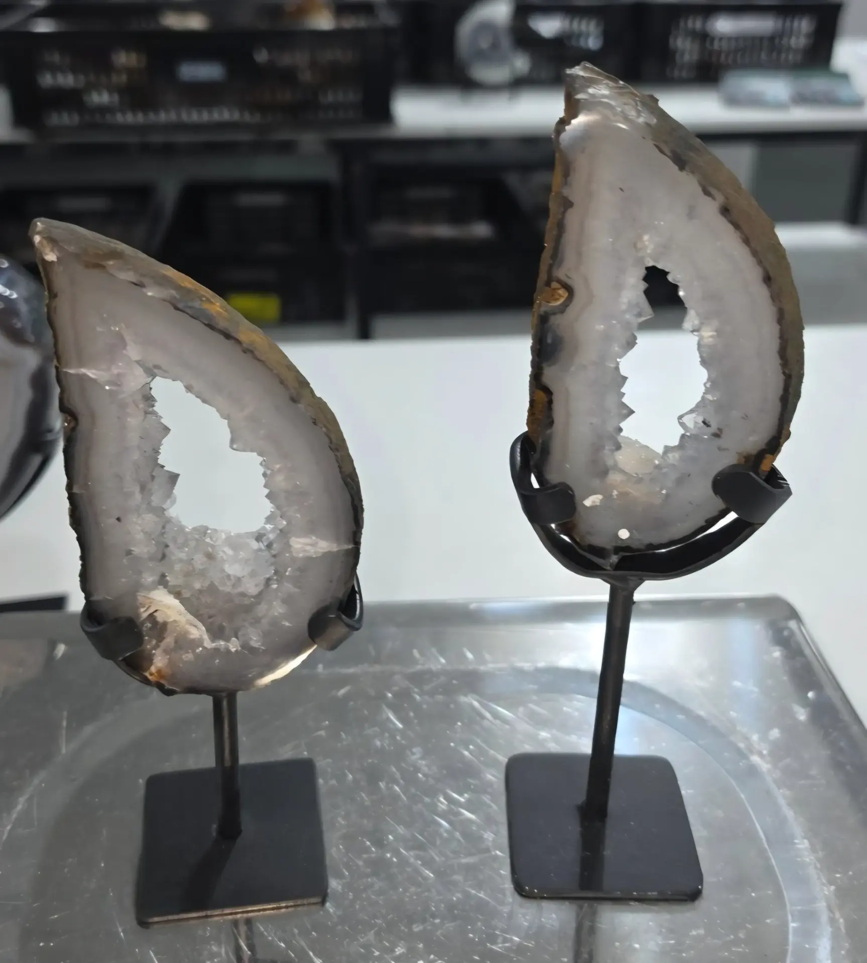 Natural Agate Geode Slices on Custom Stands (Pair)