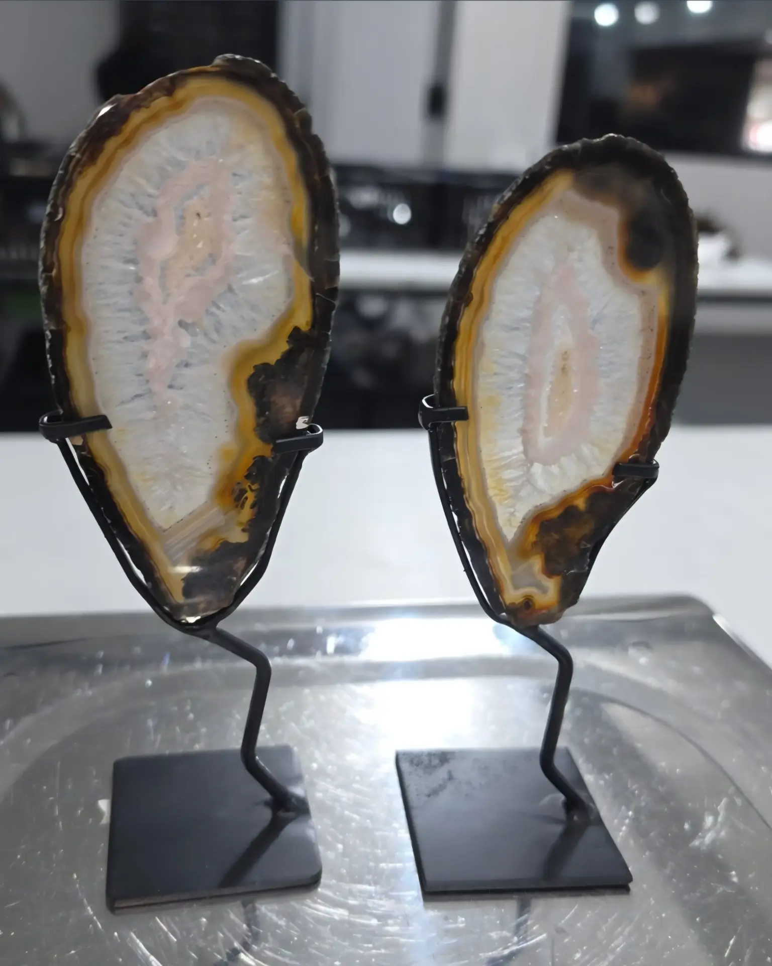 Rare Pink Druzy & Golden Amber Agate Slices on Custom Stands (Pair)